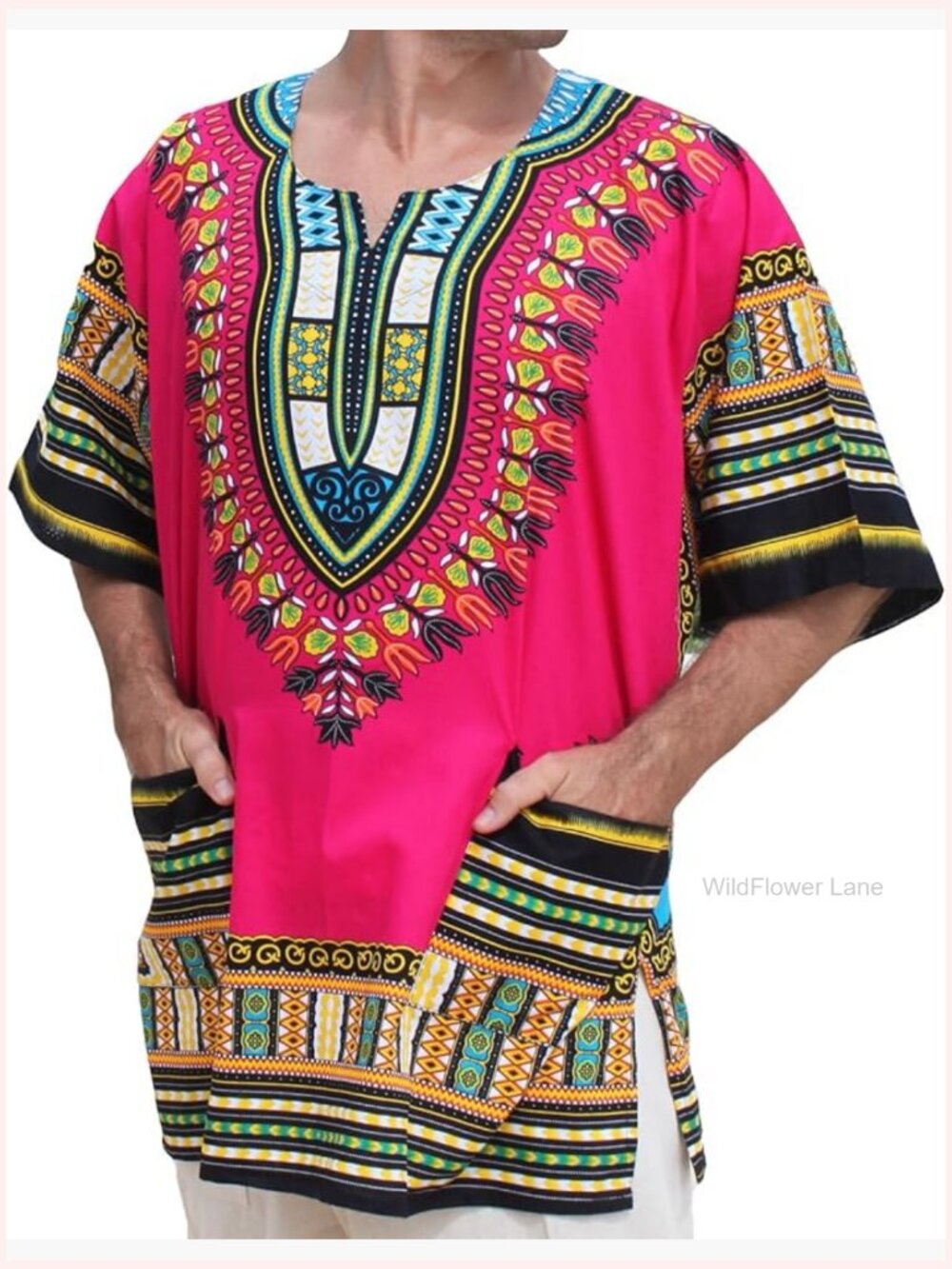 Bright Dashiki Cotton Shirt Loose Fit Pull On Tunic Top